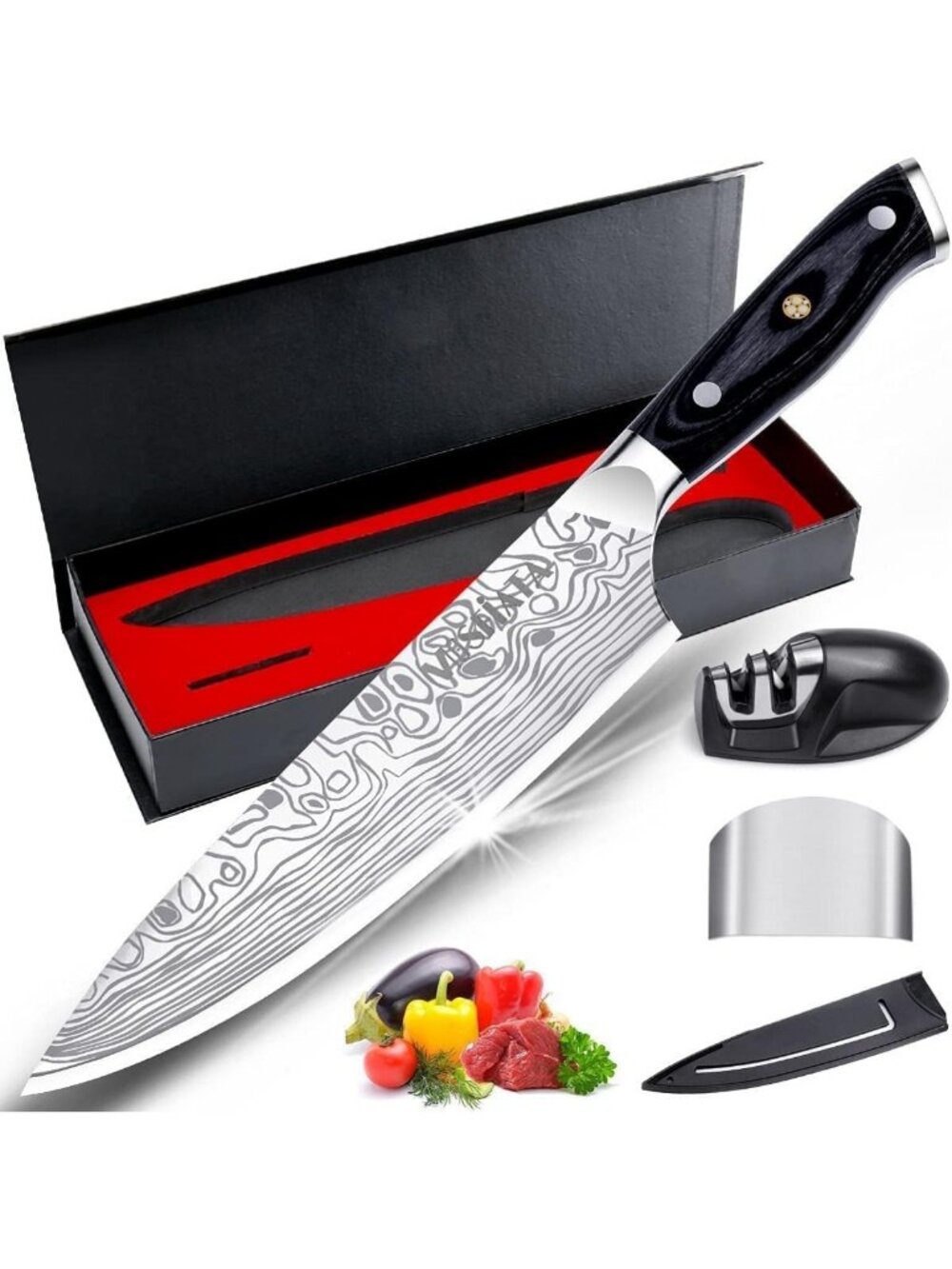 8" Super Sharp Professional Chef Knife with Finger Guard & Sharpener, German